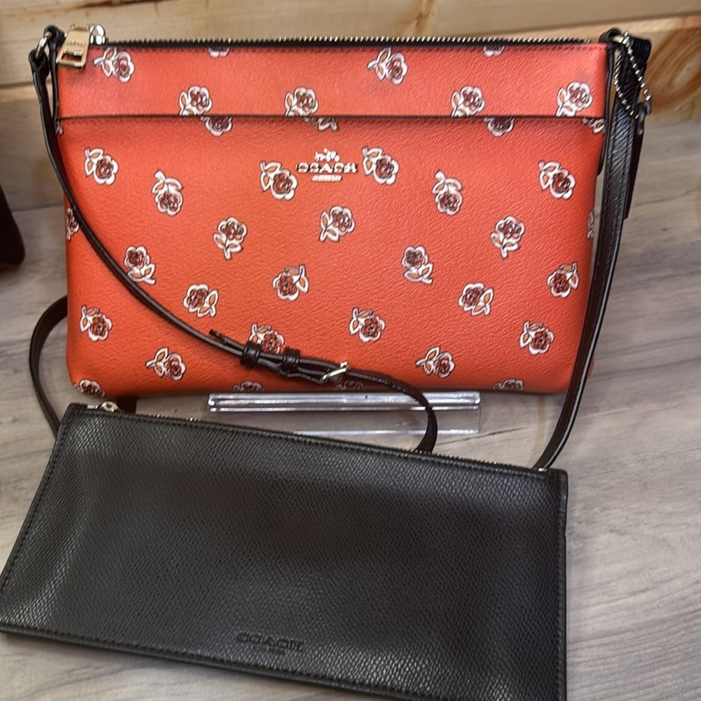Coach Red Floral Crossbody Bag with Black Pouch